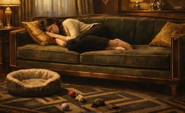 Sad woman laying on a green art deco couch next to n empty pet bed