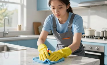 A professional cleaner in a modern North American kitchen with light blue accents, wiping down a marble countertop. Bright morning sunlight streams through the window, emphasizing a fresh, clean atmosphere. High-quality photography, sharp focus.