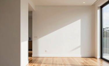 A professional architectural photograph of a modern residential living room in Auckland, New Zealand. Sunlight illuminates crisp off-white walls and polished timber floors. The style is clean, airy, and high-end.