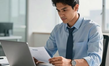 A professional South American / Brazilian accountant in a bright, modern office in Santarém, analyzing financial records on a laptop. The scene is lit with soft morning light, featuring a clean desk. The color palette emphasizes soft blues and whites.