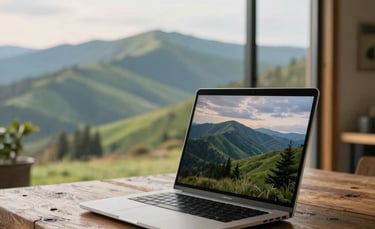 A high-end laptop open on a rustic oak table in a modern farmhouse. Out the window, the soft morning light illuminates the rolling green slopes of the Blue Ridge mountains. North American / US.