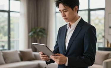 A professional real estate consultant in elegant attire using a tablet to evaluate a contemporary European living room with large windows, bright natural light, and sophisticated furniture.