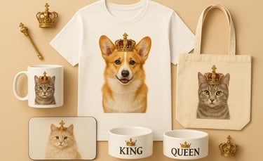 Custom pet portraits with royal crowns on a white t-shirt, tote bag, mug, and pet bowls.