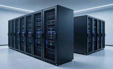 Ultra-premium photography of a minimalist, futuristic data center in the United States. Cool blue ambient lighting, sleek server racks, clean white floors, high-end North American architectural style.