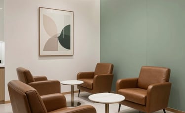 An elegant waiting area of a luxury dental clinic in Italy, with modern brown leather chairs, walls in white and sage green, soft indirect lighting, and minimalist art, conveying a sense of serenity and high-end care.