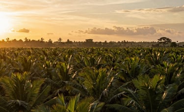 A beautiful view of an Indonesian palm oil plantation at sunset, golden sunlight over rows of palms, photography.