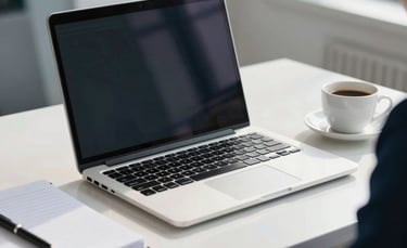 A professional and clean office setting in a North American / Spanish-speaking city. A sleek laptop sits on a white desk next to a notebook and a cup of coffee. The lighting is bright and natural, reflecting a sophisticated atmosphere with navy blue and light grey tones.