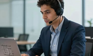 A professional engineer in a modern South American Brazilian office wearing a sleek headset, focused on a laptop screen showing detailed architectural blueprints. Natural light, professional atmosphere, navy blue and soft blue tones in the background, sharp focus photography.