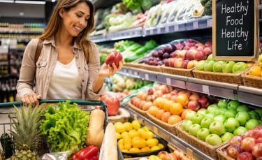 Consumers shopping for healthy foods and fresh produce in a grocery store.