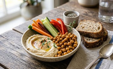 Roasted chickpeas and hummus served with fresh vegetables as healthy plant-based protein foods.