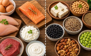 Comparison of animal-based and plant-based protein-rich foods on a healthy dining table.