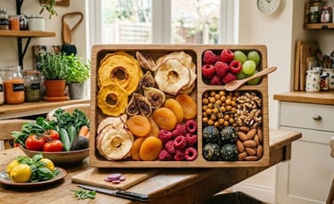 Balanced healthy snack box with dehydrated fruits and nutritious whole foods.
