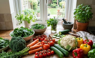 Fresh vegetables including broccoli, spinach, carrots, tomatoes, cucumbers, cauliflower