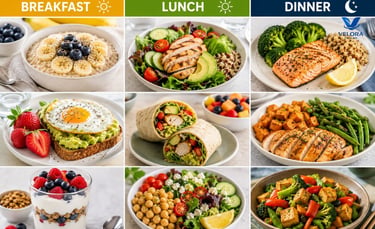 Nutritious breakfast, lunch, and dinner featuring whole foods, vegetables, lean protein, and grains.
