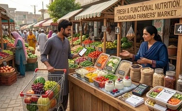 Local farmers market with colorful displays of fresh seasonal fruits and vegetables.