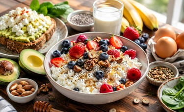 Creamy cottage cheese with a handful of fresh berries, nuts, chia seeds and honey 