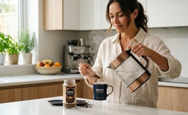 Preparing a cup of Nescafé Gold instant coffee with hot water and coffee granules