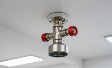 A close-up photograph of a professional fire sprinkler system installed in a modern North American commercial warehouse ceiling. The lighting is bright and clean, emphasizing modern efficiency. The colors include subtle metallic steel and red accents against a clean white industrial backdrop.