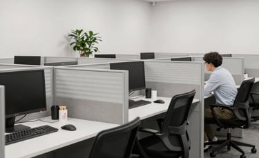 A sleek dark underwater scene showing a blue-lit subsea ROV gently exploring the ocean floor.