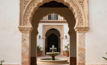 Photography of an elegant architectural detail featuring a carved stone archway leading to a serene patio with a small fountain, Latin American / Spanish colonial influence, warm cream and tan palette.