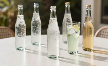 A refreshing arrangement of high-quality sparkling water bottles and sodas on a clean, modern white table in a sunny South American patio. Bright, natural lighting, emphasizing freshness and quality, in a clean and approachable style.