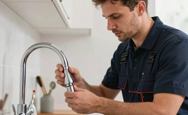 A professional plumber in a dark blue uniform fixing a kitchen faucet in a modern Turkish home. The lighting is bright and natural, highlighting the polished chrome fixtures and the technician's expert focus.