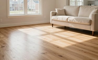 Wide-angle interior photography of a clean, sunlit living room in a North American suburb. The composition focuses on a spotless light-colored hardwood floor and a tidy off-white sofa. Soft morning light enters through large windows. The style is modern, airy, and professional.