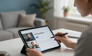 A focused digital creator in a modern home office in Istanbul, Turkey, using a tablet to review AI-generated video scripts. The lighting is soft and natural, with slate blue and white tones in the background decor, creating a professional and productive atmosphere.