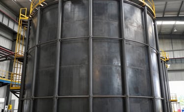 A wide-angle professional photograph of a massive industrial steel tank under construction inside a clean, modern Mexican factory. The lighting is bright and industrial, highlighting the metallic textures of the steel. The atmosphere is professional and efficient. Colors: charcoal gray and yellow accents.