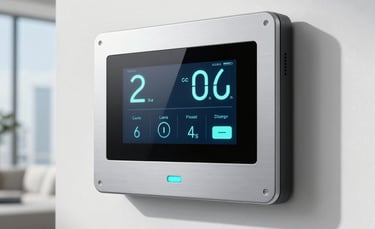 A high-end, futuristic HVAC control interface mounted on a clean white wall in a modern North American luxury apartment in Miami, showing digital temperature readouts in soft silver and cyan lighting.