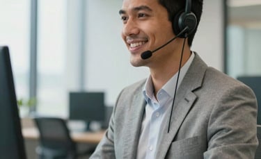A professional South American customer service representative wearing a sleek headset, smiling warmly in a bright, modern Brazilian office with steel blue and off-white accents, soft natural lighting.