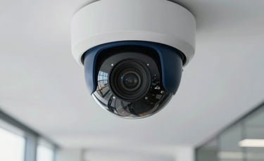 A close-up photograph of a sleek, modern dome-style CCTV camera mounted on a clean white ceiling in a bright Southeast Asian corporate office. The background shows a professional corridor with soft daylight. The aesthetic is modern and technological, featuring subtle navy and slate blue tones in the shadows.