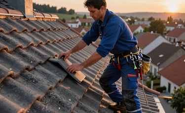 A professional roofer in workwear carefully laying terracotta tiles on a steep residential roof in a Western European village. Warm sunset lighting highlights the textures of the clay tiles and the expert craftsmanship. The color palette includes navy blue and charcoal grey.
