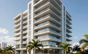 A wide-angle shot of a premium, modern luxury apartment complex in Fort Lauderdale, South Florida. The architecture features clean lines and large glass balconies. Lush green landscaping with palm trees surrounds the building under a clear blue sky. Professional, high-end real estate photography style.