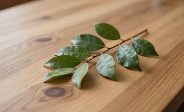 A close-up photography of a natural wood texture with a small branch of green leaves resting on it, soft focus, serene Brazilian interior photography.