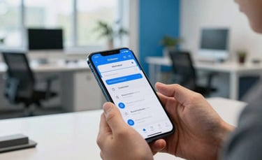 A professional North American developer testing a high-end mobile application on a smartphone in a bright Kitchener office. The background is a clean, modern workspace with steel blue and light gray decor, featuring natural lighting through large windows.