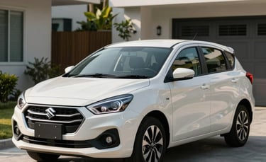 Photography of a sleek white Suzuki Ertiga parked in a modern Southeast Asian suburban driveway, bright morning sunlight reflecting off the polished car body, professional automotive style, clean and professional composition.