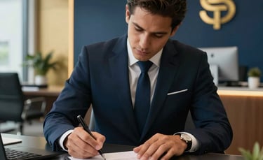 South American / Colombian executive signing a mortgage document at a sleek desk in a modern office, gold and dark blue branding accents, professional and secure atmosphere.