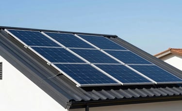 A modern South American house with sleek solar panels installed on a dark roof, bright sunny day, crystal clear sky, high-tech architectural photography with white and dark blue accents.