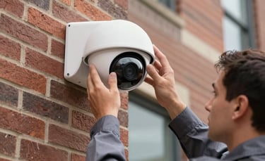 A close-up photograph of a professional technician in a charcoal grey uniform installing a sleek white dome security camera onto the exterior brick of a North American office building. Clear daylight, focusing on the precision of the installation and quality hardware. Professional and trustworthy atmosphere.