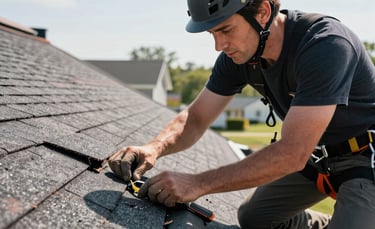 A close-up photograph of a professional roofer in a North American setting carefully inspecting and repairing damaged asphalt shingles on a residential roof during a clear day with bright natural light.