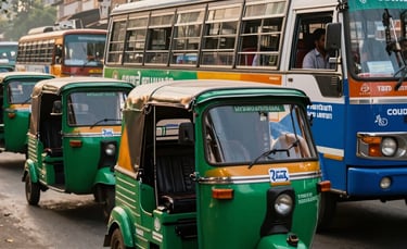 A vibrant fleet of auto-rickshaws and public buses in a busy South Asian city, all covered in professionally designed advertisements featuring bright Emerald Green and Steel Blue color schemes, moving through sunlit streets at golden hour.