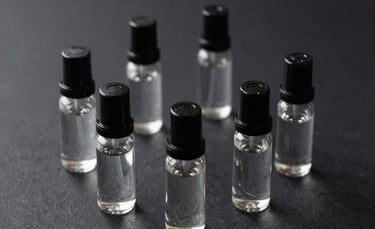 A selection of 30ml cologne decants displayed with fresh herbs and citrus fruits to hint at fragrance notes