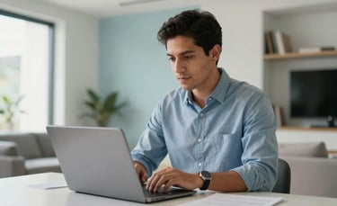 A Latin American male entrepreneur in his late 20s, focused on a sleek high-tech laptop in a sunlit, modern apartment in Mexico City. The environment is clean with soft light blue and off-white accents, conveying success and digital mastery. Professional photography, shallow depth of field.