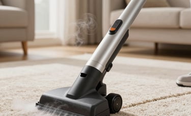 A close-up of a professional hot water extraction nozzle cleaning a beige carpet in a sunlit, modern North American living room, showing a visible clean trail and fresh steam. Premium, high-quality equipment.