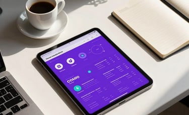A top-down professional desk view in a sunlit North American office. A sleek silver tablet displays a vibrant purple social media analytics dashboard. Beside it sits a designer espresso cup and a minimalist notebook, emphasizing a modern work-from-anywhere lifestyle.