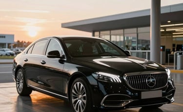 A luxury black sedan parked at a modern South American airport terminal at sunset, soft golden lighting reflecting off the polished car body, professional and clean atmosphere.