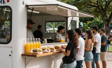 A modern, clean food truck parked in a sunny Brazilian city park during the afternoon. On the wooden counter, there are fresh natural sandwiches wrapped in recycled paper and glass bottles of orange juice. People are waiting in an orderly queue. The setting is bright and breezy with vibrant green foliage in the background, South American style.