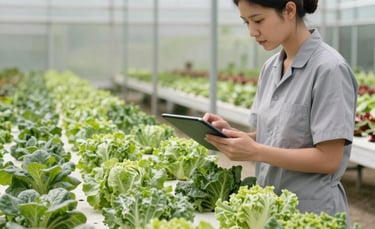High-angle photography of a professional using a tablet in a modern greenhouse to analyze rows of fresh vegetables, natural lighting, North American context, palette includes Light Grayish Green and Forest Green.