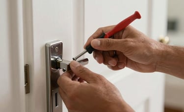 Close-up photography of a locksmith's hands precisely working on a door lock in a bright South American home, soft natural light, professional tools visible, clean and modern atmosphere.
